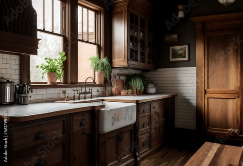photo of a traditional kitchen with wood cabinets, a farmhouse sink, and vintage appliances, representing the idea of a classic and timeless kitchen design (AI)