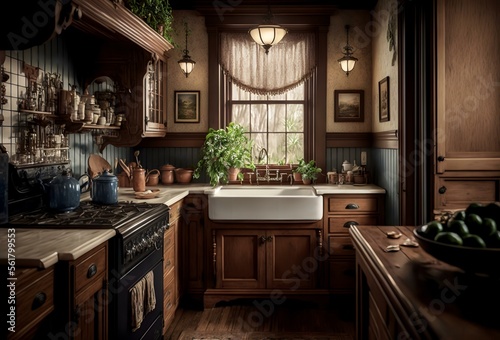 photo of a traditional kitchen with wood cabinets, a farmhouse sink, and vintage appliances, representing the idea of a classic and timeless kitchen design (AI) © Natthakit