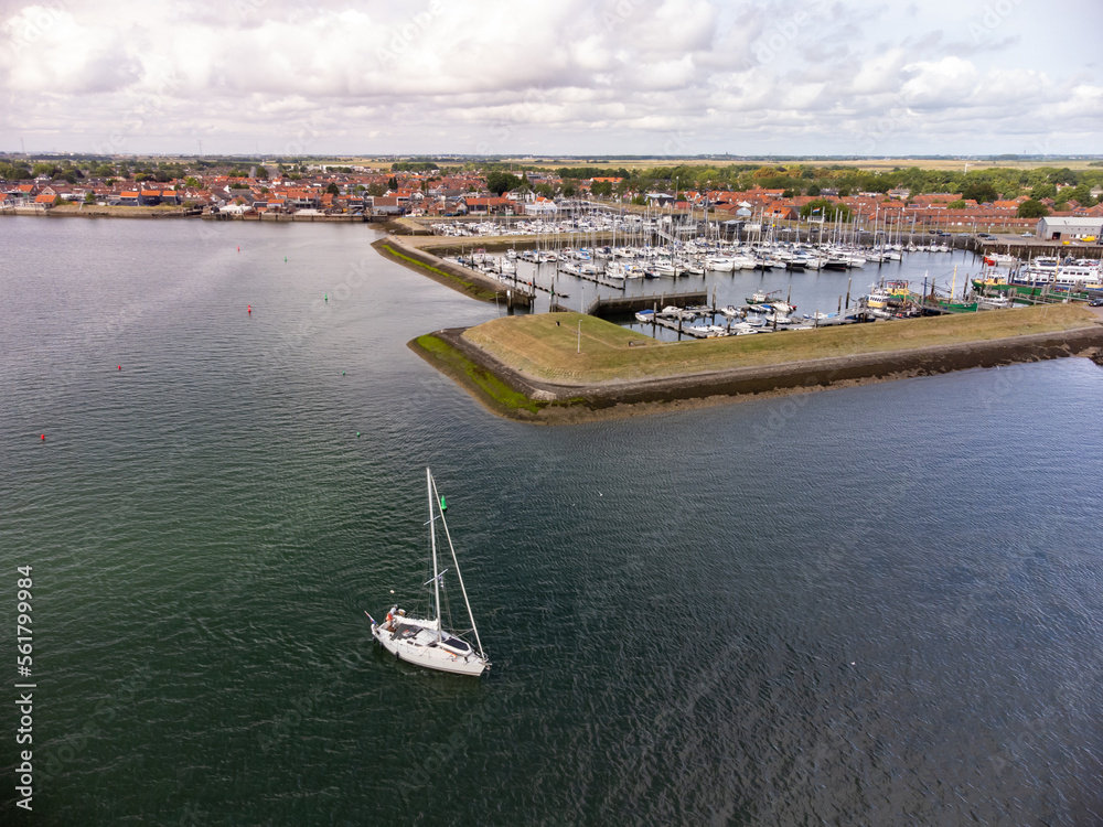 A drone view of a marina and historic town of Yerseke, The Netherlands