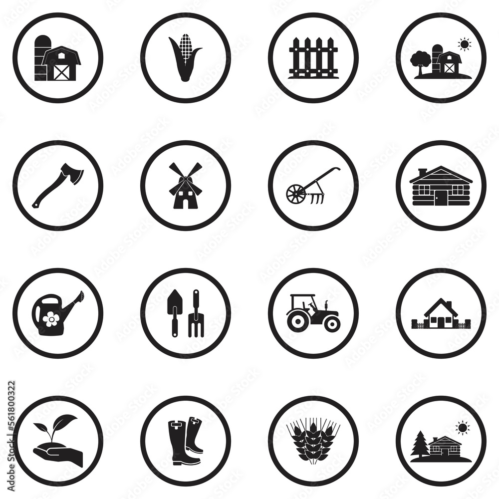 Village Icons. Black Flat Design In Circle. Vector Illustration. Village Icons. Black Flat Design In Circle. Vector Illustration.