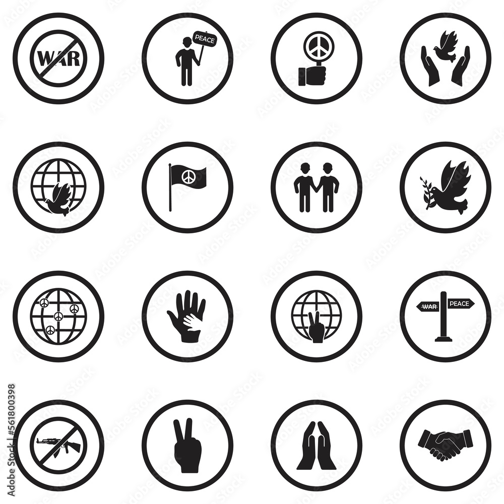 Stop The War Icons. Black Flat Design In Circle. Vector Illustration.