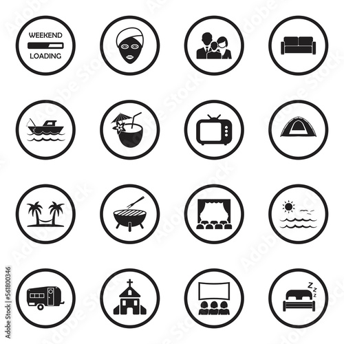 Weekend Icons. Black Flat Design In Circle. Vector Illustration.