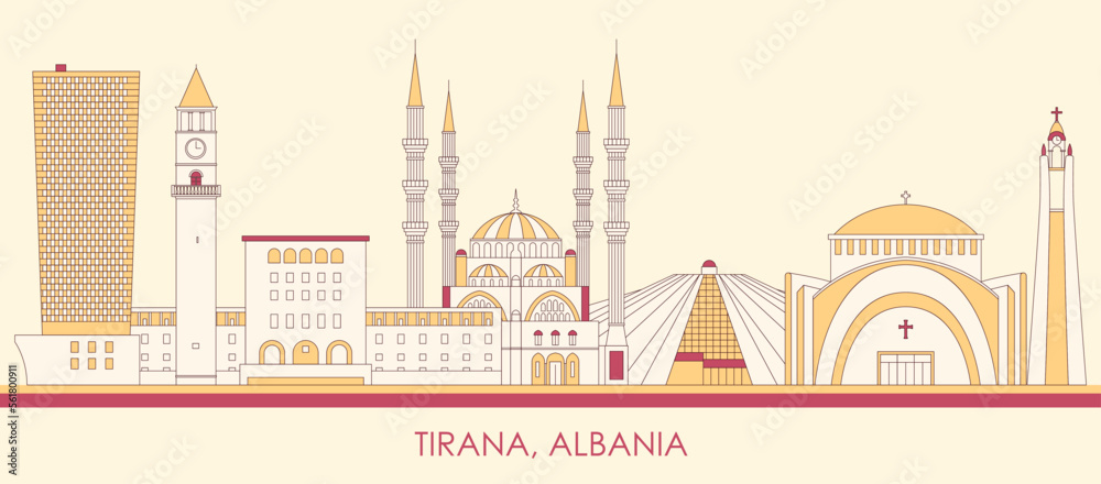 Cartoon Skyline panorama of city of Tirana, Albania - vector illustration