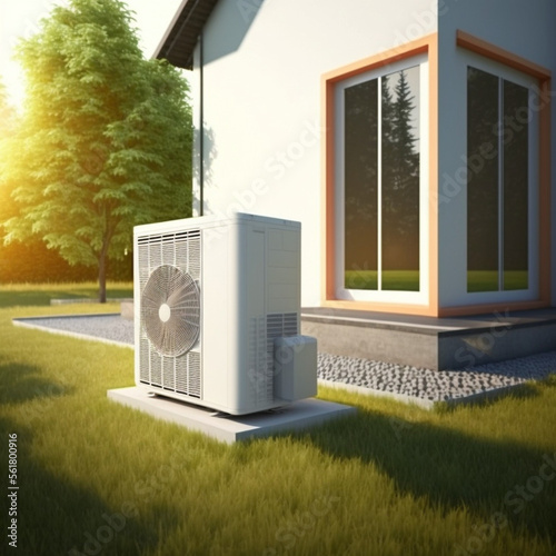 Air heat pump in the garden. Generative AI. photo