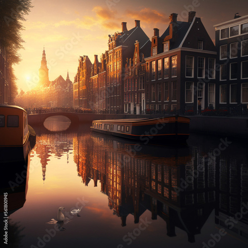 Illustration of Amsterdam at sunset. Generative AI. © DALU11