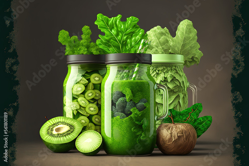 Glass jar mugs with green health smoothie, kale leaves, lime, apple, kiwi, grapes, banana, avocado, lettuce. Copy space. Raw, vegan, vegetarian, alkaline food concept. Banner. Generative AI photo