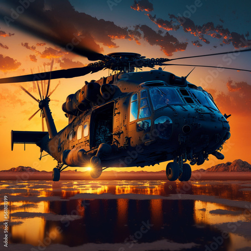 Canvas Print Black Hawk helicopter at sunset. Generative AI.