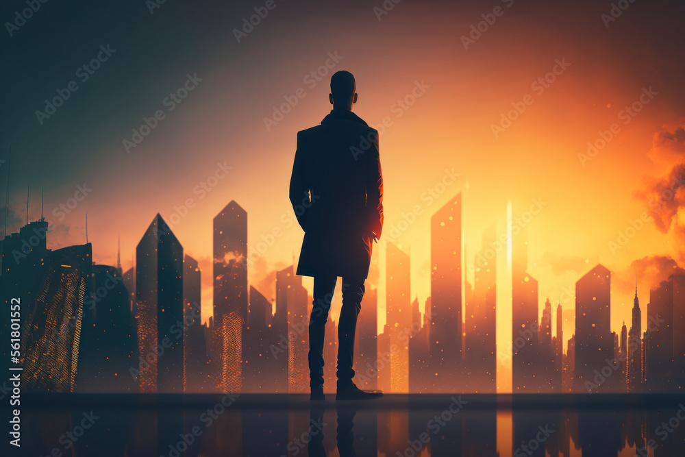 Business man standing top of building looking city skyline background. Generative AI Business man standing top of building looking city skyline background. Generative AI