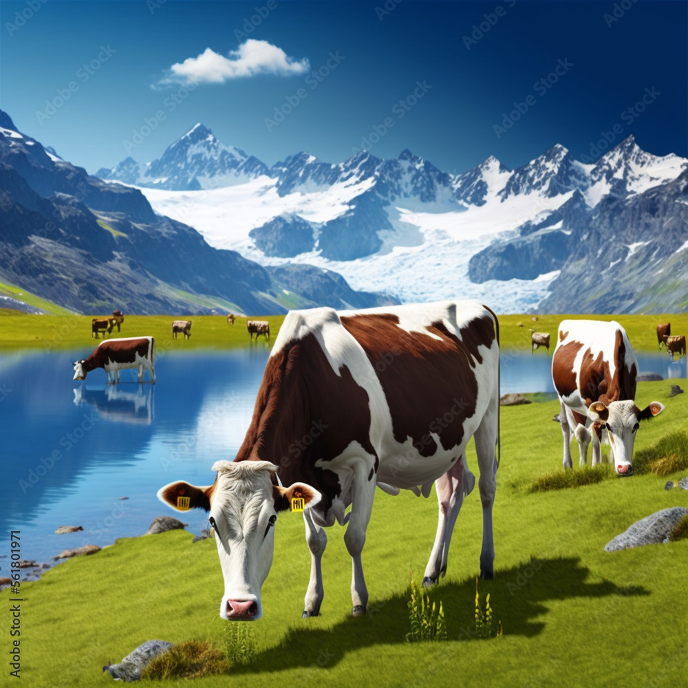 Cows grazing in the middle of nature in a landscape with snowy mountains. Generative AI.