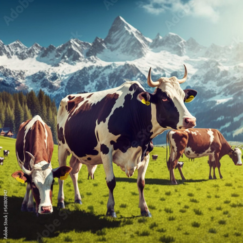 Cows grazing in the middle of nature in a landscape with snowy mountains. Generative AI.