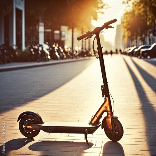 Electric scooter in the city at sunset. Generative AI.