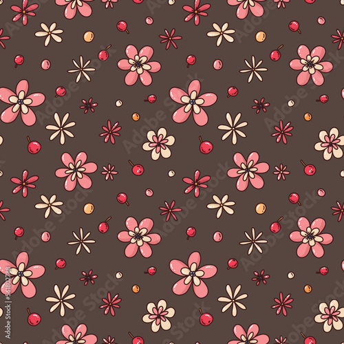 Wallpaper Mural seamless pattern with bright flowers and leaves on brown background, vector illustration Torontodigital.ca