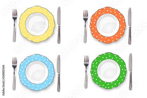 Set of color plates with figured edges and white polka dot pattern isolated on white background