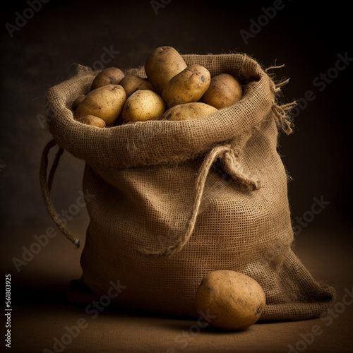 Potatoes in a burlap bag in a dark background. Generative AI.