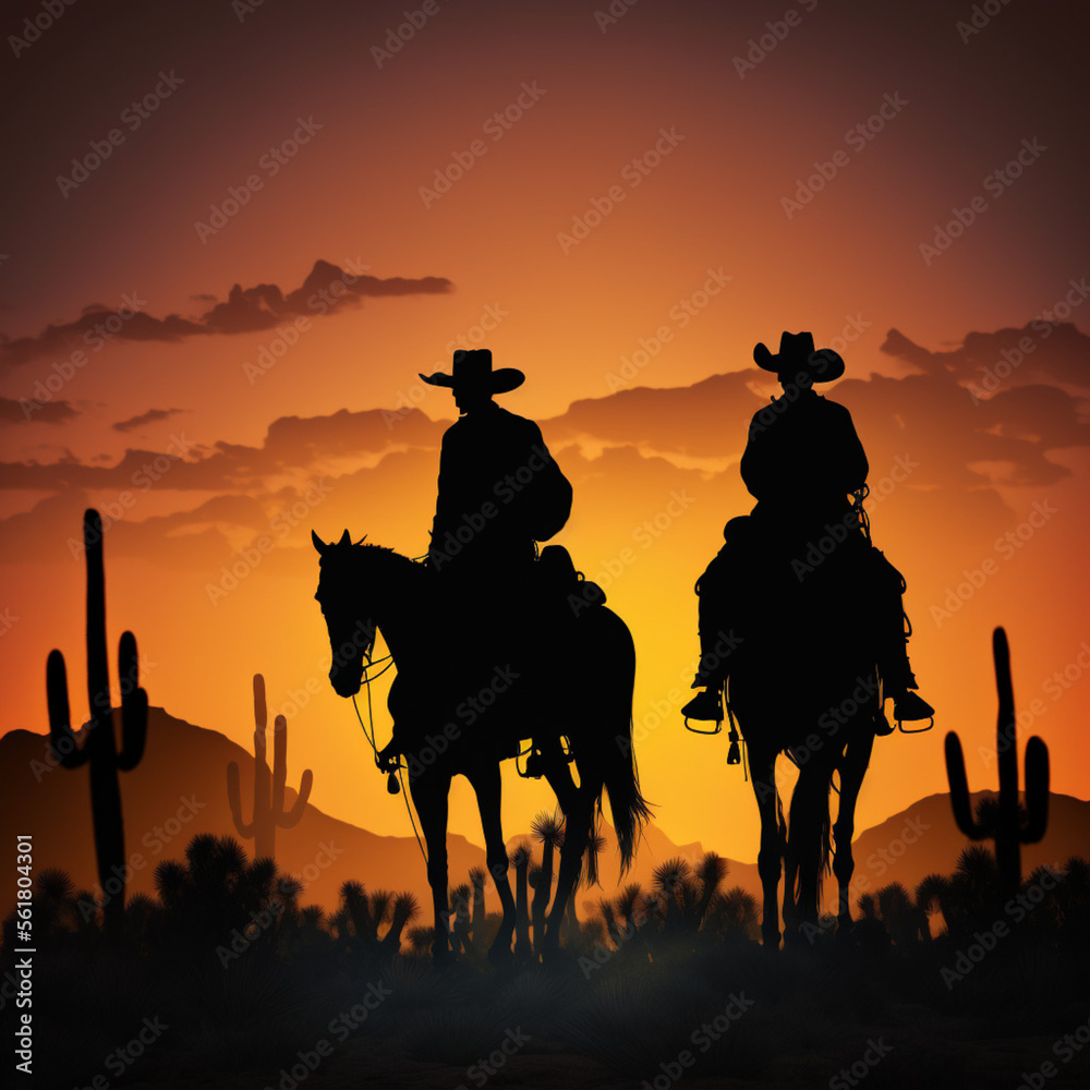 Silhouette of two cowboys at sunset. Generative AI.