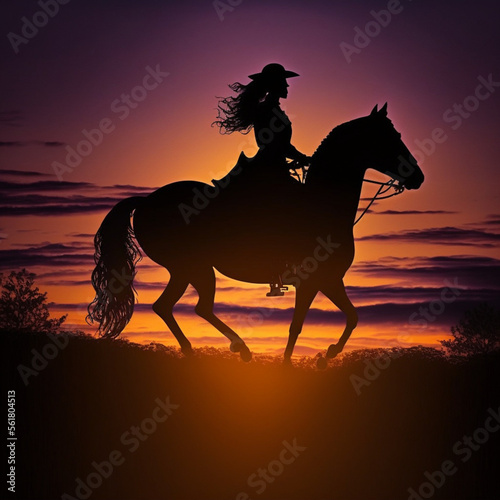 Silhouette of a woman with her horse during sunset. Generative AI.