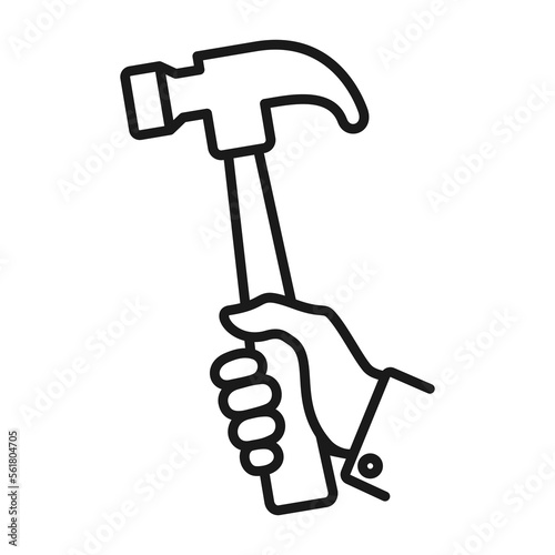 Hand holding hammer to repair or fix things icon. Repair tool line art symbol vector illustration.