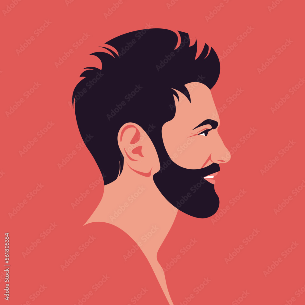 A face of a smiling Italian man in profile. Side view. Latin American with beard. Vector flat Illustration A face of a smiling Italian man in profile. Side view. Latin American with beard. Vector flat Illustration