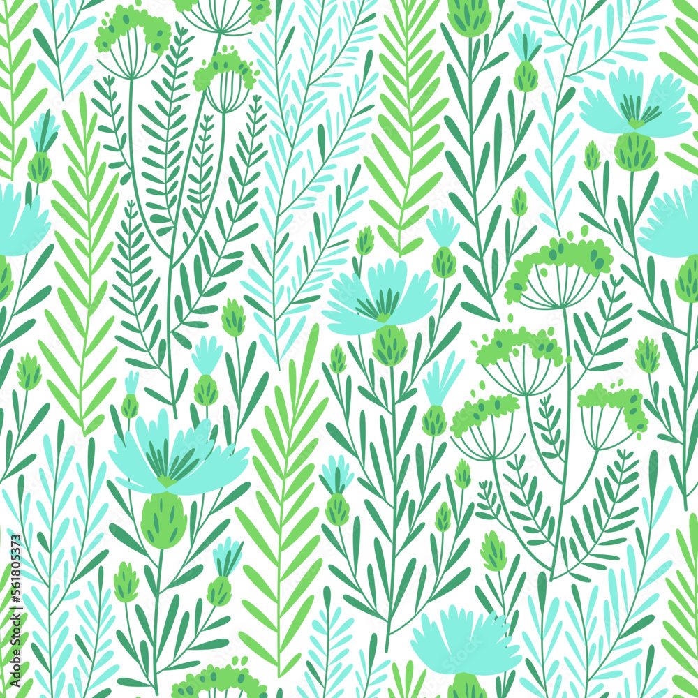 Wild flowers and grasses in shades of green