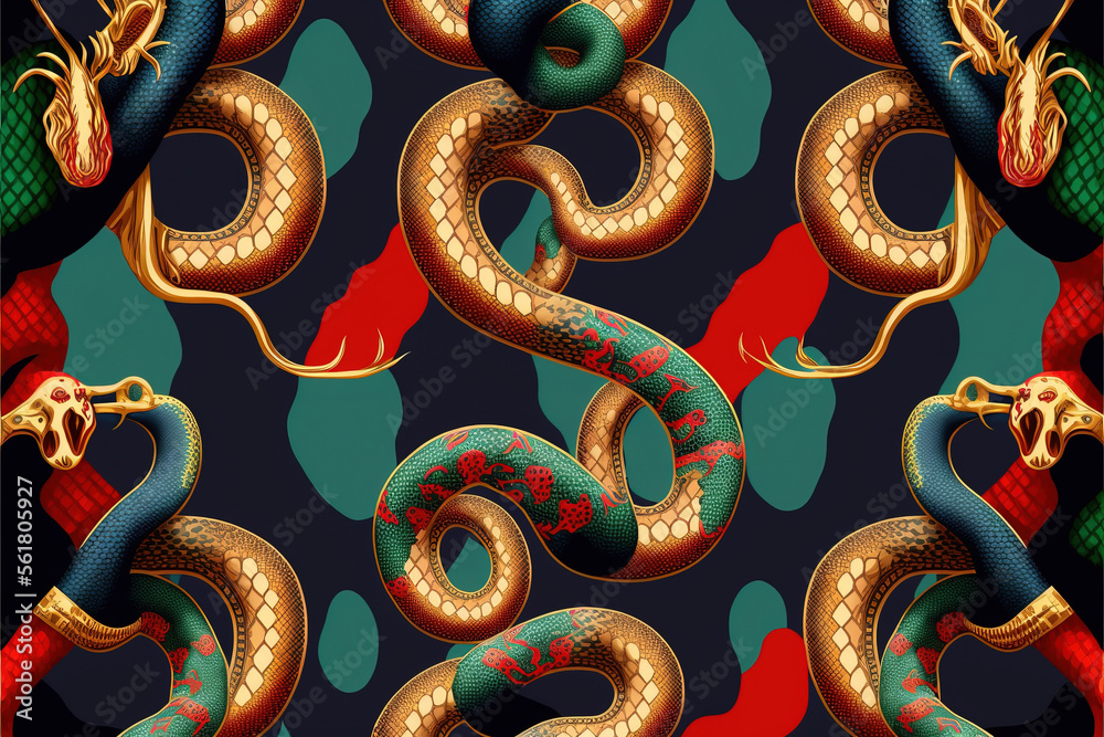 Golden snakes on a red and emerald background. Designer gold snake