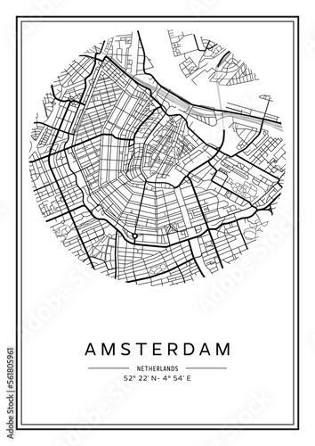 Black and white printable Amsterdam city map, poster design, vector illistration.