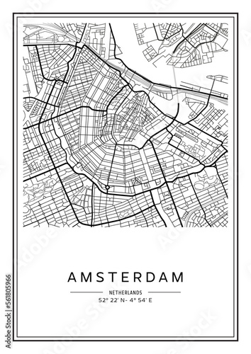 Black and white printable Amsterdam city map, poster design, vector illistration.