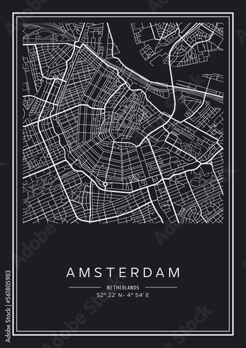 Black and white printable Amsterdam city map, poster design, vector illistration.