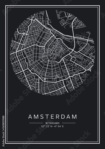 Black and white printable Amsterdam city map, poster design, vector illistration.