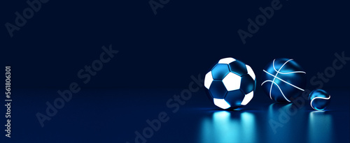 Fotografia, Obraz betting gambling neon soccer football basketball tennis balls banner 3d render 3
