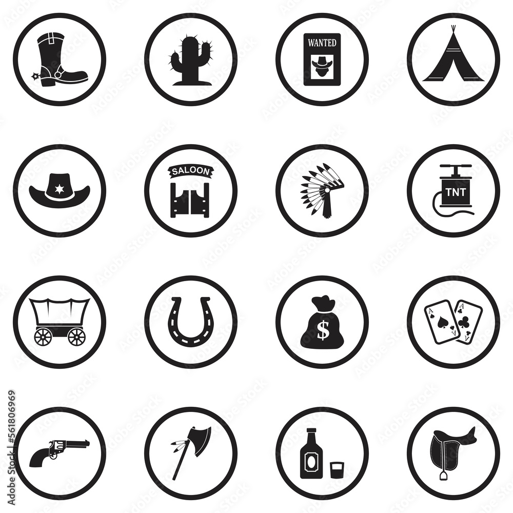 Wild West Icons. Black Flat Design In Circle. Vector Illustration. Wild West Icons. Black Flat Design In Circle. Vector Illustration.
