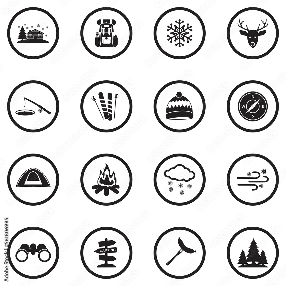 Winter Camp Icons. Black Flat Design In Circle. Vector Illustration.