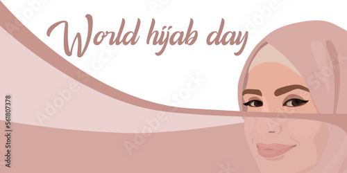 World Hijab Day. A Muslim woman in a hijab. Arab woman. 1 February. Happy World Women's Day in Hijab. Vector illustration of a girl in a headscarf. The banner