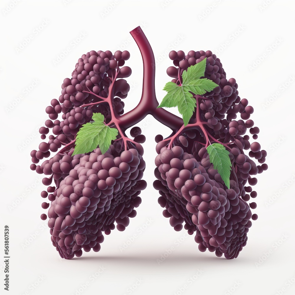 Red grapes with leaves as a human lung. Concept for red wine health