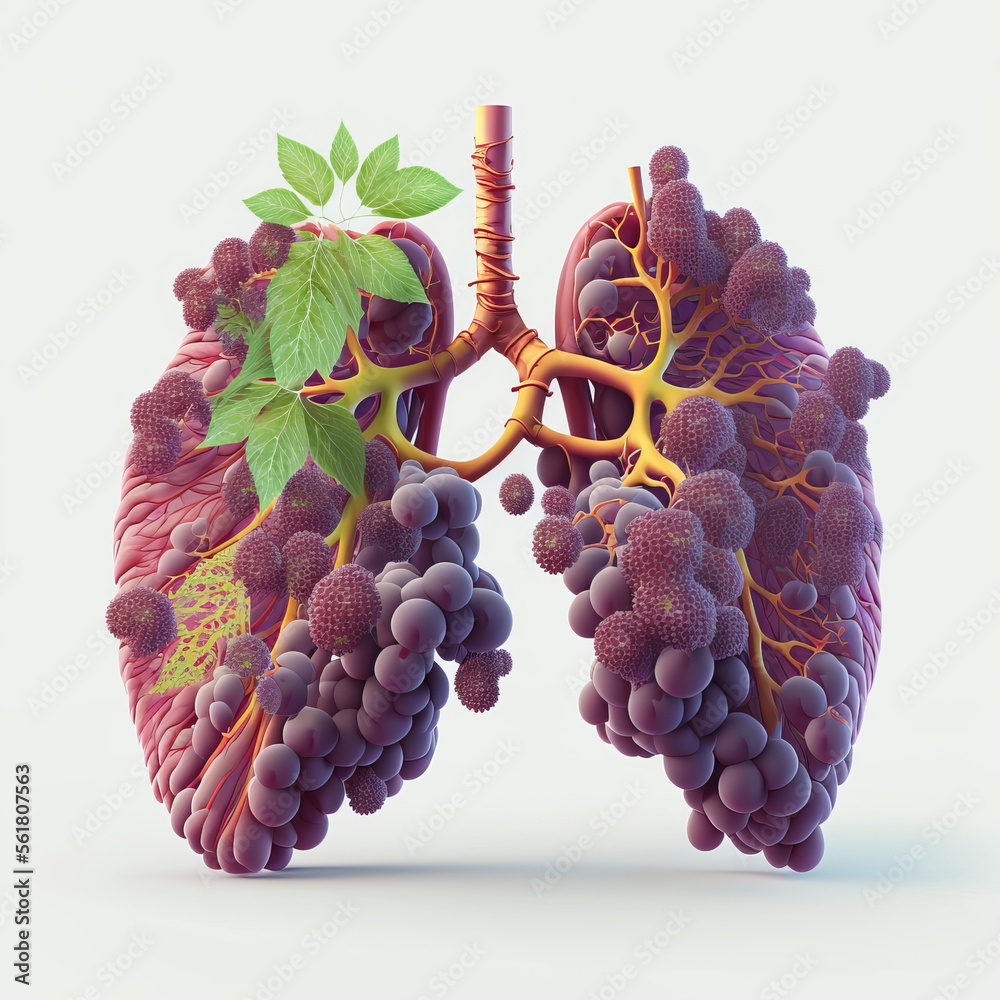 Red grapes with leaves as a human lung. Concept for red wine health
