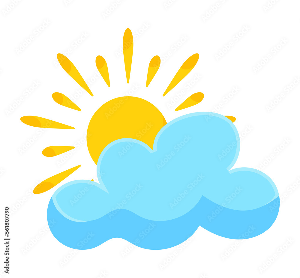 Sun, blue snowy cloud and falling snowflakes. Weather forecast element. Illustration in cartoon design Sun, blue snowy cloud and falling snowflakes. Weather forecast element. Illustration in cartoon design
