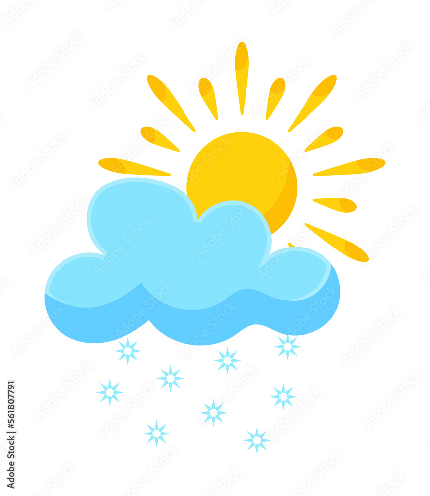 Sun hiding at blue cloud, partly cloudy. Weather forecast element. Illustration in cartoon design Sun hiding at blue cloud, partly cloudy. Weather forecast element. Illustration in cartoon design