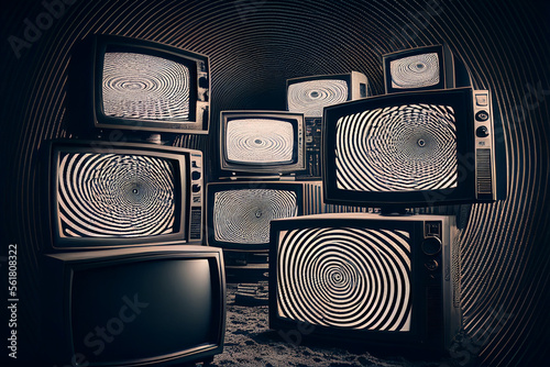 A lot of retro televisions in dark room. TV addiction, propaganda and fake news concept. Created with Generative AI photo