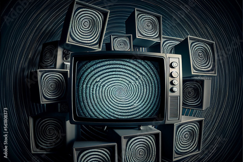A lot of retro televisions in dark room. TV addiction, propaganda and fake news concept. Created with Generative AI