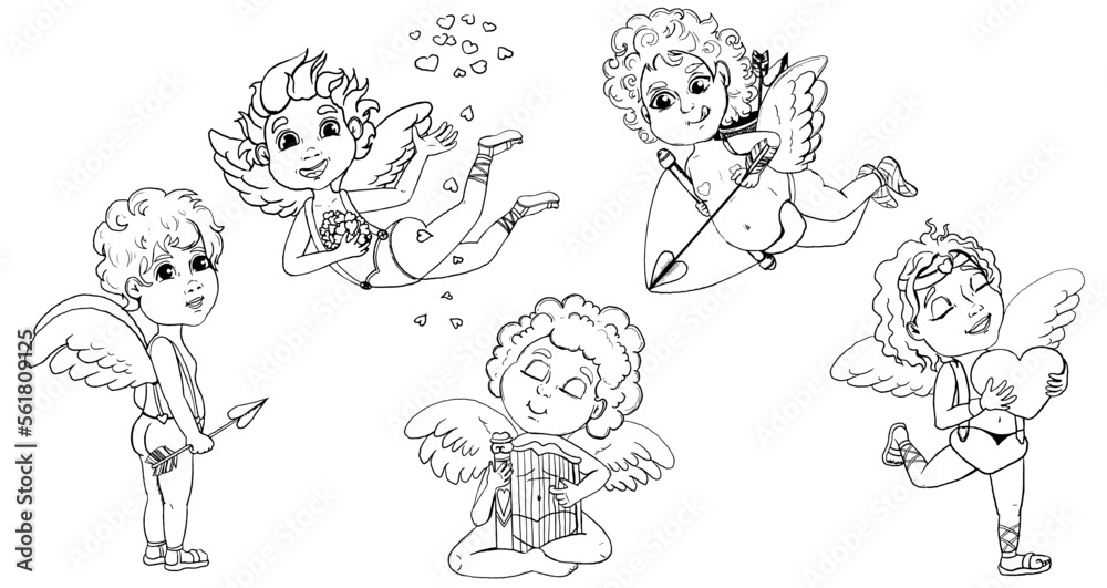 Cute cupid babies vector doodle set. Outline little angels or gods eros. Cute amur babies, heart hunters romantic characters. Design for coloring page, Valentines day, cards, posters, template.