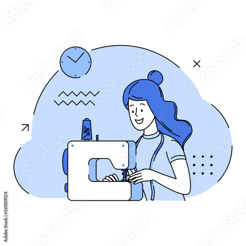 A woman seamstress works on a sewing machine. Female fashion designer at her workplace. Seamstress sewing on an industrial sewing machine. Fashion and tailoring concept. Vector flat illustration
