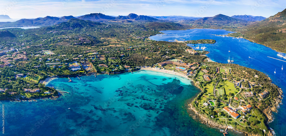 Italy summer holidyas . Sardegna island - stunning Emerald coast (costa smeralda) with  beautiful beaches. aerial view of Ira beach with turquoise sea