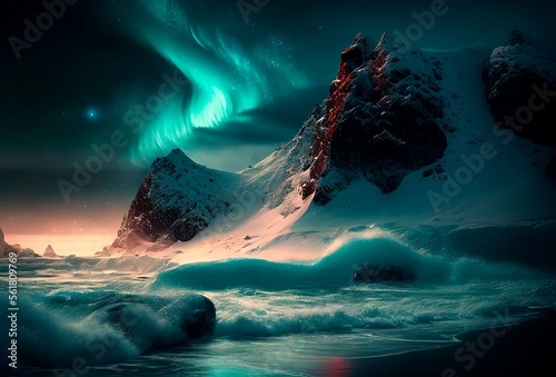 Storm on the ocean, northen light. Beautiful landscape of Islandia, Norway