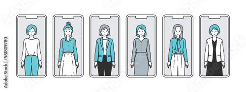 【膝上】スマートフォンとオフィスカジュアルの女性人物アバター