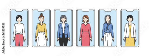【膝上】スマートフォンとオフィスカジュアルの女性人物アバター