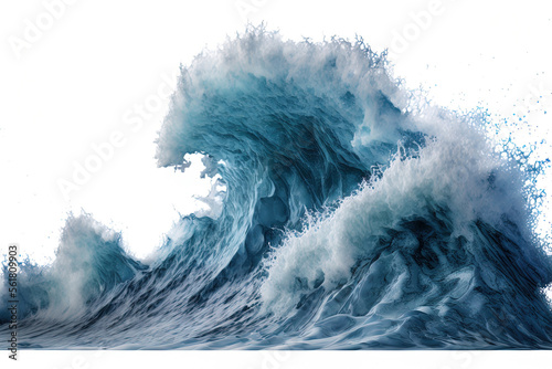 Fototapeta Large stormy sea wave in deep blue, isolated on white