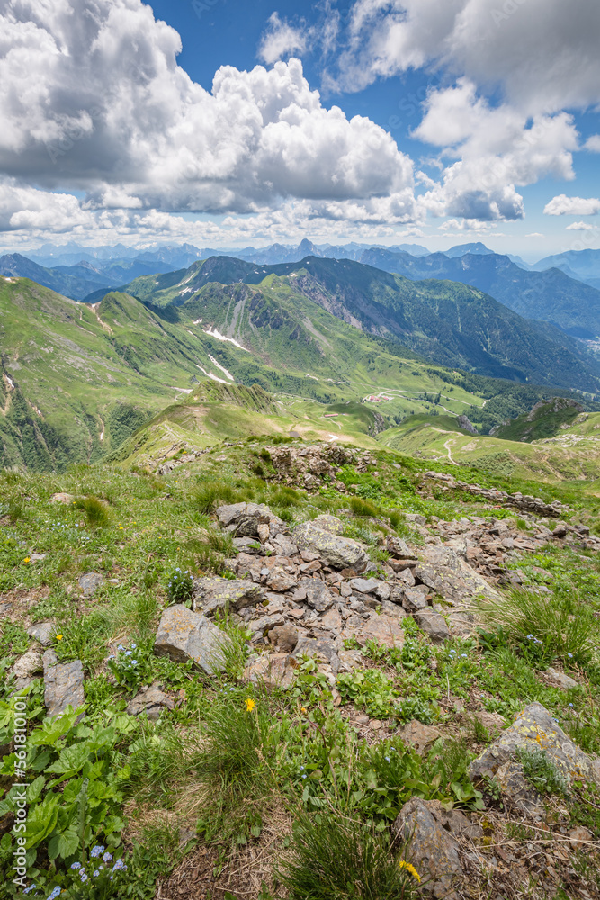 Beautiful nature. Mountain hiking Trail Road. Italy Lago Avostanis Casera Pramosio Alta