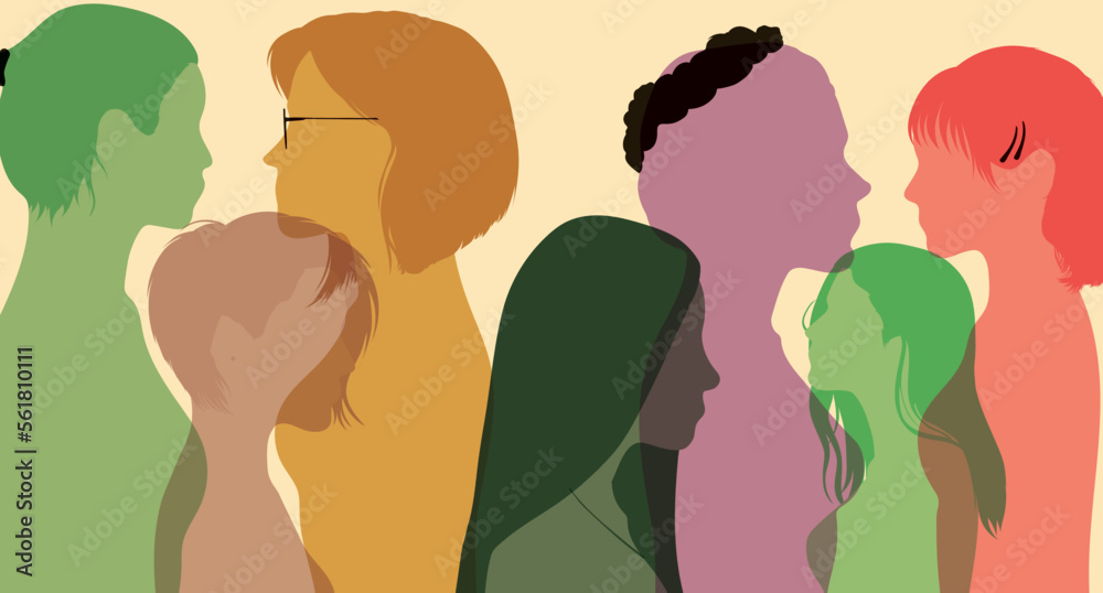 Group of women from different ethnicities stands together. International Womens Day. Flat vector illustration