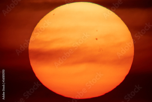 Big sun with sunspots photographed through a large focal telescope.