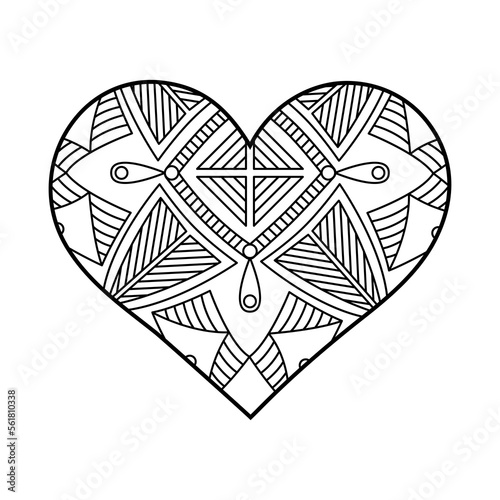 Vector heart linear illustration with geometric pattern. Outline mandala ornaments on white. Valentine's Day coloring page