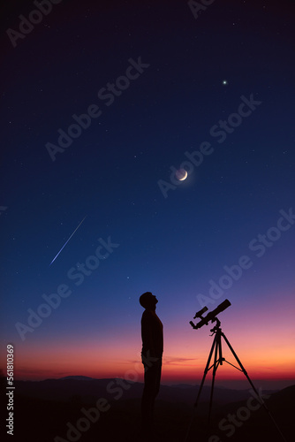 Man with astronomy telescope looking at the night sky, stars, planets, Moon and shooting stars.